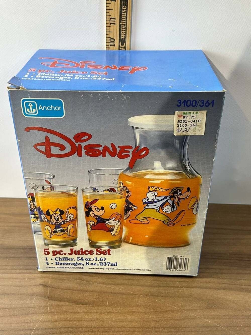 Vintage 1980 Disney Anchor Hocking 5 Pc Juice Set Carafe 4 Glasses Box 3100/361
